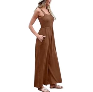 Automet Jumpsuit Smocked Sleeveless Brown Large
